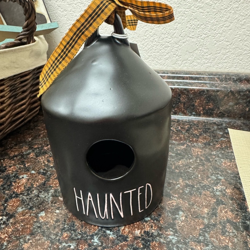 Rae Dunn Black Haunted Birdhouse with Orange Ribbon
